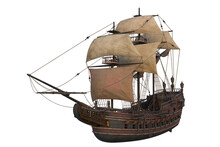 Old Wooden Pirate Ship In Full Sail. 3D Rendering Isolated.