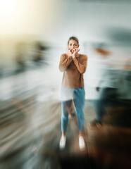 Wall Mural - Woman, anxiety and mental health in motion blur for stress, insane or schizophrenia. Girl, scared and fear in eyes with depression, paranoid or need help in psychology in home or work in Dallas