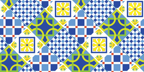 Wall Mural - Abstract Geometric Tile Pattern Italian Sicily Style Moroccan Interior Design Perfect for Allover Fabric Print or Interior Kitchen Design Chic Sweet Color Combinations Squares Florals Ornament