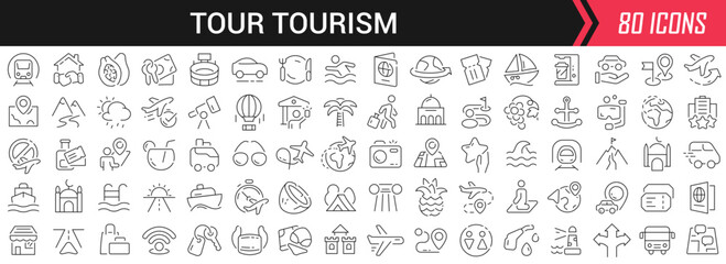 tour tourism linear icons in black. big ui icons collection in a flat design. thin outline signs pac