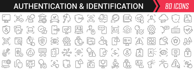 Leinwandbilder - Authentication and identification linear icons in black. Big UI icons collection in a flat design. Thin outline signs pack. Big set of icons for design