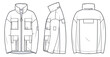 Unisex utility Jacket technical fashion illustration. Sport Parka  fashion flat drawing template, with zip closure, multi pockets, front, back view, white color, women, men, unisex CAD mockup.