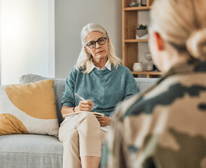 Sticker - Therapy, support consultation and psychologist talking to a patient about mental health in an office. Senior therapist speaking to a client about a solution to depression or anxiety at a clinic