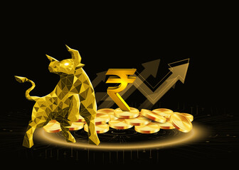 Golden stock market bull with coins and rupee symbol on black background, trading, business and investment abstraction