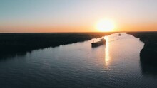 Cargo Ship Crossing Parana River In Argentina
