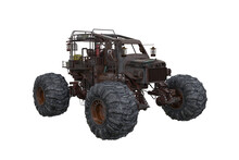 Fantasy Post Apocalyptic Off Road Car With Monster Truck Wheels. 3D Rendering Isolated.
