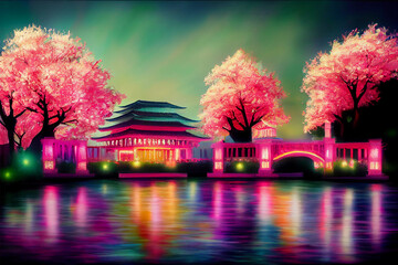 Cherry blossom futuristic palace, lights everywhere