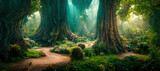 Fototapeta Las - A beautiful fairytale enchanted forest with big trees and great vegetation. Digital painting background