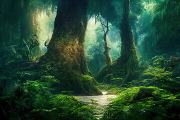 Wall Mural - a beautiful fairytale enchanted forest with big trees and great vegetation. digital painting backgro