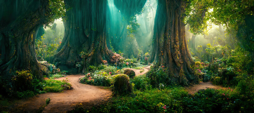 A beautiful fairytale enchanted forest with big trees and great vegetation. Digital painting background