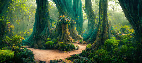 Wall Mural - a beautiful fairytale enchanted forest with big trees and great vegetation. digital painting backgro