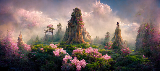 Wall Mural - a beautiful enchanted forest with big fairytale trees and great vegetation. digital painting backgro