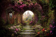 A beautiful secret fairytale garden with flower arches and colorful greenery. Digital painting background