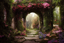 A Beautiful Secret Fairytale Garden With Flower Arches And Colorful Greenery. Digital Painting Background