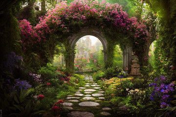 Wall Mural - a beautiful secret fairytale garden with flower arches and colorful greenery. digital painting backg