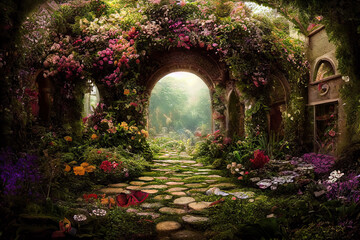 Wall Mural - a beautiful secret fairytale garden with flower arches and colorful greenery. digital painting backg