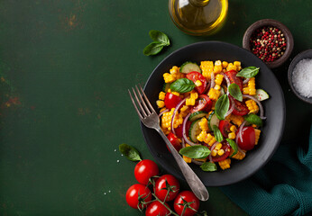 Canvas Print - healthy vegetarian tomato sweet corn salad with cucumber and basil