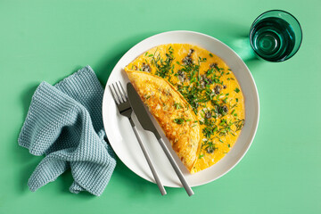 Wall Mural - omelette with blue cheese herbs spring onion. healthy keto diet low carb breakfast