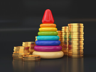 Wall Mural - Children's toy pyramid and a stack of gold coins on a black background, 3d render