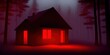 A creepy cabin in the woods, with a red light glowing through the door and windows set in a misty forest at night. 3D illustration. High quality Illustration