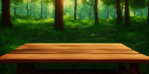 Sticker - Wooden table in the woods, sleepy light. Empty wooden table top on nature background.. High quality Illustration