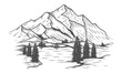 © rina - hand drawn mountain design. illustration of mountains and pine trees.