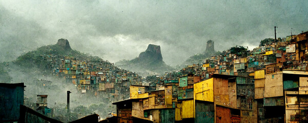 abstract future large favelas or slums and mountains environment background 3d render.