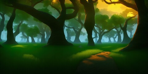 Canvas Print - path through magical forest at sunrise, mysterious old trees, fantasy landscape, 3d rendering. High quality Illustration