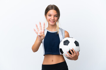 Wall Mural - Little caucasian girl playing football isolated on white background happy and counting four with fingers