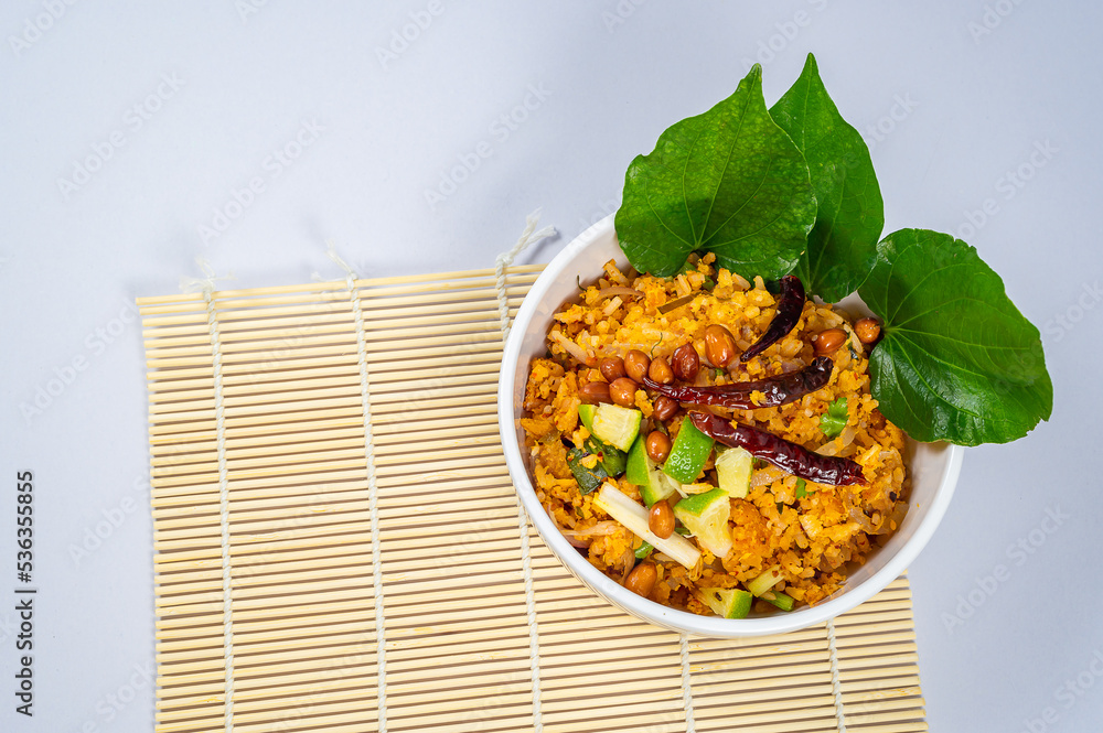 Top view of Fermented Pork and Crisp Rice Salad or Yam Naem Khao Tod ...