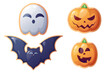 Halloween cookie set. Delicious cookies in the form of a ghost, pumpkin, bat. Holiday symbol, purse or treat. Great for stickers, design, decor