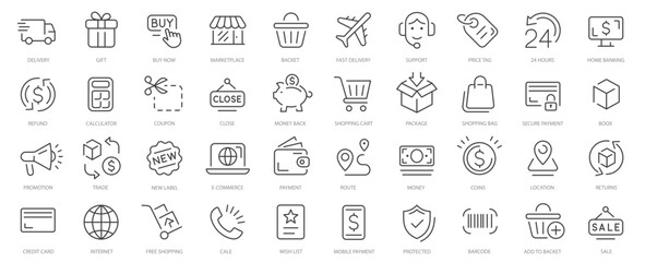 E-Commerce Line Icons. Online shopping icons. Shopping icons collection. Payment elements. Shop sign e-commerce for web development apps. Mobile Shop, Digital marketing, Bank Card, Gifts.