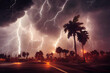 A hurricane tornado or typhoon rages down a city street, destroying cars. Lighting up the sky with twisters and lightnings. Climate change has caused many natural disasters in towns. 3D illustration