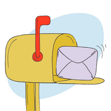Mailbox With A Raised Flag, With An Open Door And Letters Inside. Yellow Post Box With Envelopes. Vector Illustration