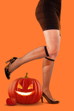 Halloween Pin Up Background. Witch Legs. Female Wizard, Shoes, Pumpkins