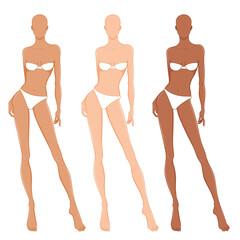 Wall Mural - Fashion models posing, vector illustration. Woman body templates. Nine-head fashion female different skin tones colored croquis,  vector set.