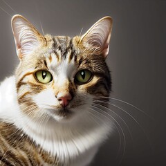 Poster - Beautiful illustration of a portrait of cute striped brown and white cat on gray background