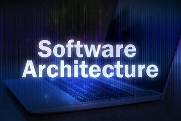 Wall Mural - software architecture text on blue technology background with laptop.