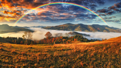 Wall Mural - Rainbow over the Mountains. autumn morning in the Carpathians. Nature of Ukraine