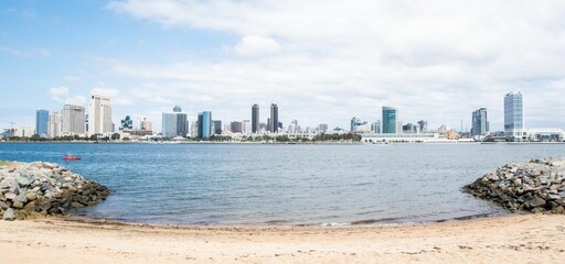 Bright panorama landscape of a modern city at the shore of a sea