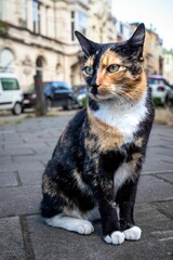 Poster - Vertical close-up of a cute tricolor cat sitting in the middle of the street