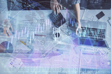 Fototapete - Multi exposure of man and woman working together and financial chart hologram. Business concept. Computer background.