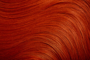 Wall Mural - Red hair close-up as a background. Women's long orange hair. Beautifully styled wavy shiny curls. Hair coloring bright shades. Hairdressing procedures, extension.