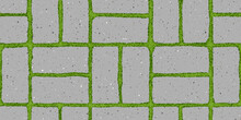 Seamless Pattern Of Old Pavement With Moss And Textured Bricks. Vector Pathway Texture Top View. Outdoor Concrete Slab Sidewalk. Cobblestone Footpath Or Patio. Concrete Block Floor