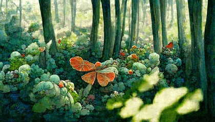 Wall Mural - Cottage core illustration of flowers on the tree trunk in the forest