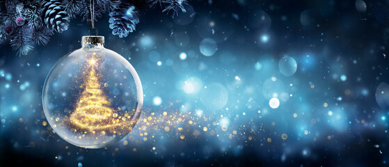 Wall Mural - christmas tree in snow ball hanging fir branch with golden glittering on blue abstract night