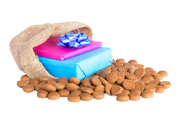 Wall Mural - Jute bag with ginger nuts and presents, a Dutch tradition at Sinterklaas event in december isolated on transparent background