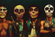 Fantasy Concept Art Illustration Of Mexican Drug Cartel Members In Day Of The Dead Masks. Criminals With Guns Posing. Chicano Gangsters In Poverty Ridden Mexico Shanty Towns. Digital Artwork Wallpaper