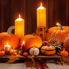 Canvas Print - halloween pumpkins and candles