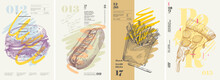 Poster. Hamburger, Hotdog, Fries, Pizza. Typography, Vintage. Set Of Vector Illustrations. Engraving, Pencil Style. Cover Art, T-shirt Print, Banner.